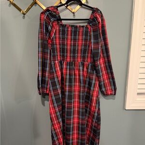 DRAPER JAMES Red and Black Plaid Long Sleeve Midi Dress
